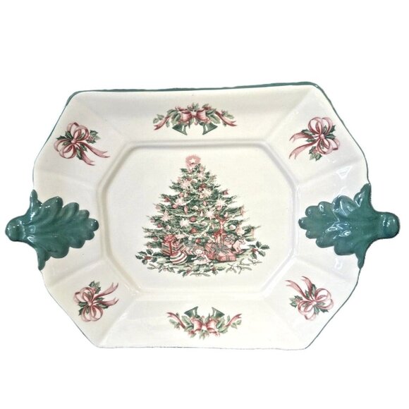 Christmas Tree Serving Tray Handles Festive Ribbons Bells- Microwave Safe - Picture 1 of 6
